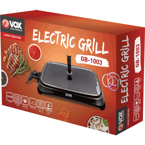 Vox GB1003 Električni roštilj, 1600 W, Ravna ploča + grill ploča, Stakleni poklopac slika 4