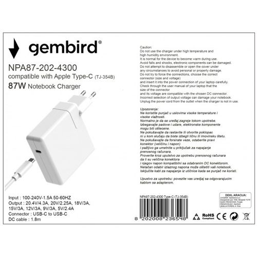 NPA87-202-4300 (TJ-354B Apple Type-C/USB-C) Gembird punjac za MacBook 87W-20,2V-4.3A, USB Type-C slika 2