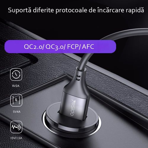 Yesido - Auto punjač (Y38) - USB, QC3.0, FCP, AFC, 20W, 4A - crni slika 5