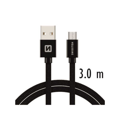 SWISSTEN kabel USB/microUSB, platneni, 3A, 3m, crni slika 1