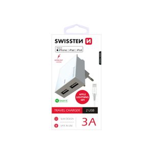 SWISSTEN punjač za AC220, 2xUSB, 3A, SMART IC, držač, bijeli + LIGHTNING MFI kab