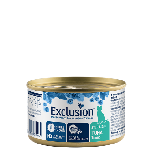 Exclusion Mediterraneo Monoprotein Formula, Sterilised, potpuna hrana za odrasle sterilizirane mačke, tuna, 85 g slika 1