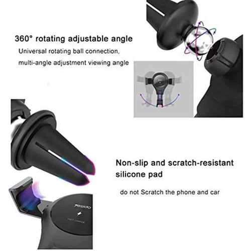 Yesido - Auto držač s bežičnim punjenjem (C45) - Gravitacijska ručka za ventilacijski otvor, 10 W - crna slika 6