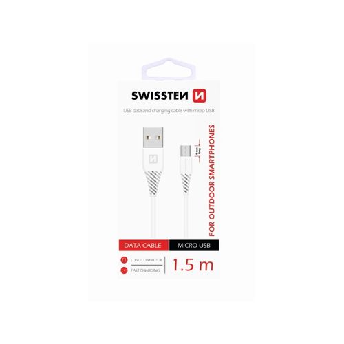 SWISSTEN kabel USB/microUSB, 1.5m, produženi microUSB priključak 9mm, bijeli slika 1