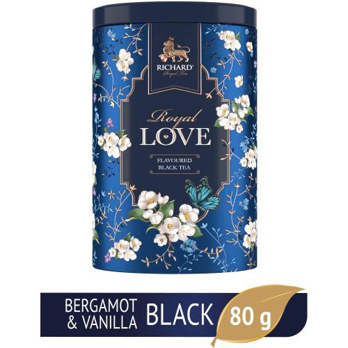 RICHARD TEA ROYAL LOVE - Crni cejlonski čaj sa korom citrusa, laticama cveća i bergamot vanilom u metalnoj kutiji, rinfuz 80g BLUE slika 1