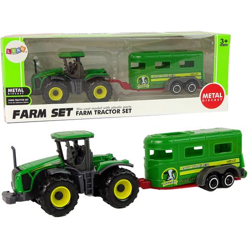 Zeleni traktor s prikolicom za prijevoz stoke slika 1
