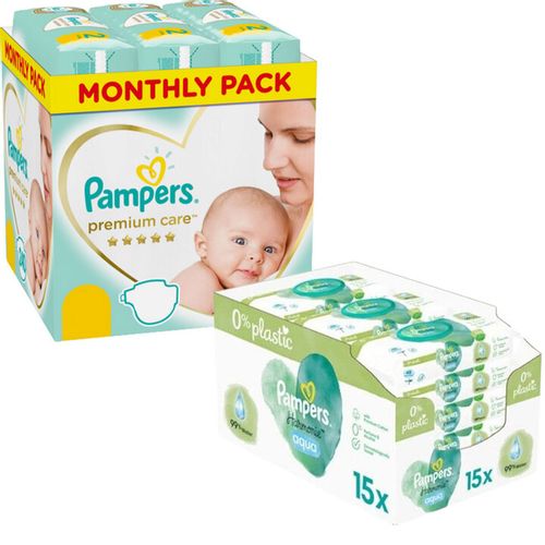 Pampers Premium Care mesečno pakovanje pelena + Pampers vlažne maramice Harmonie Aqua Plastic Free 15X48 XXL slika 1