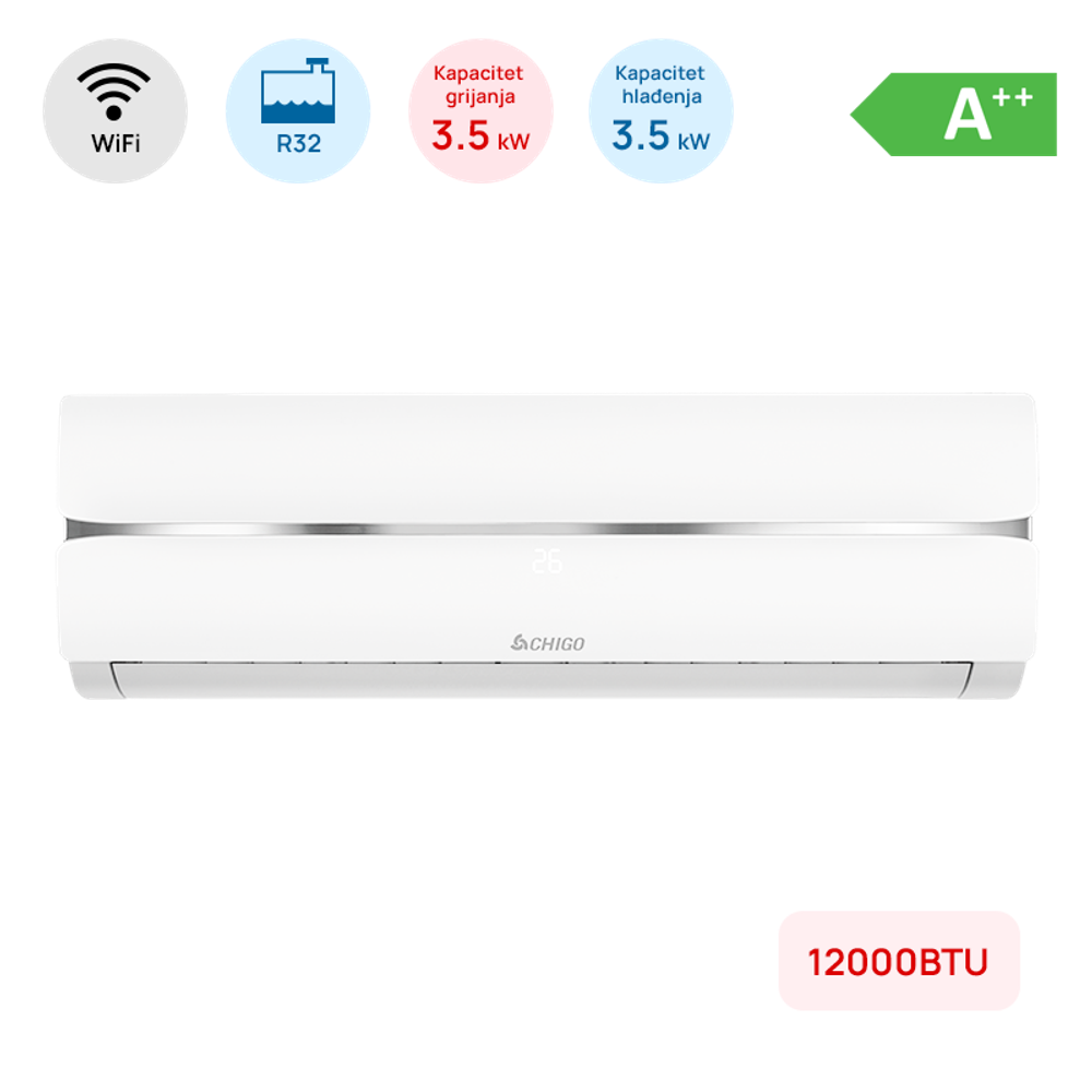 Klima Chigo 12000BTU, 3.5kW, A++, R32, -25°C ~ 50°C, s grijačem, WiFi, bijela slika 1