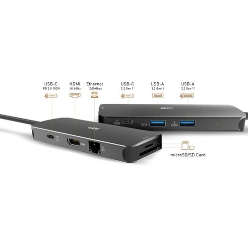 Silicon Power SPU3C08DOCSR300G USB-C 8-in-1 Hub SR30, SD Card-reader, MicroSD Card Reader, 1x HDMI 4K, Gigabit LAN, 2x USB3.2 Gen.1 (up to 5Gbps), 2x USB-C (1x PD2.0 charging up to 100W), Cable 0.15m slika 1