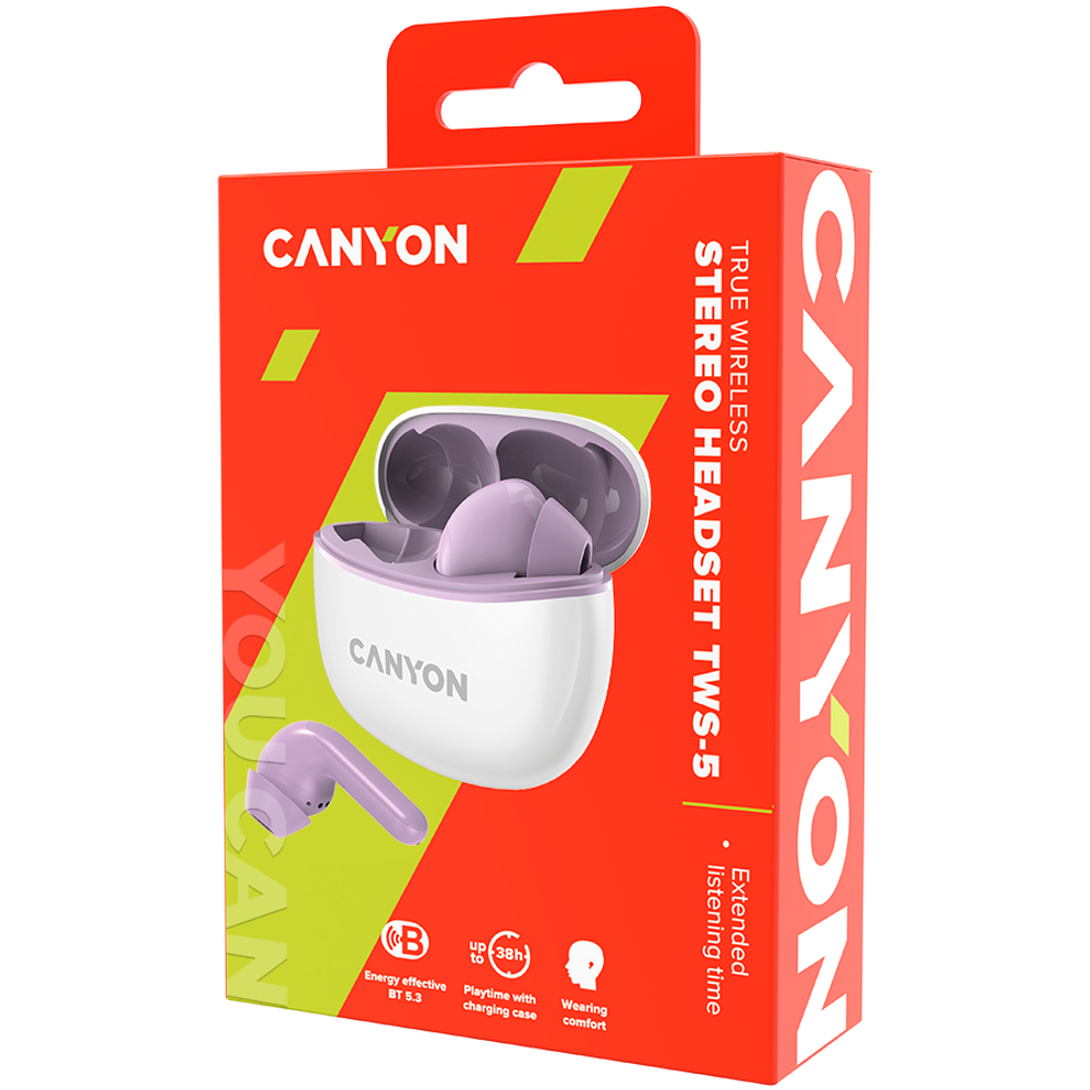 CANYON TWS-5 Bežične Bluetooth Slušalice, Ljubičaste slika 5