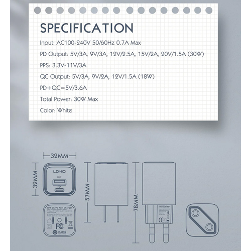 Kucni punjac LDNIO A2317C, 3.6A, QC3.0 18W, PD 30W sa Iphone lightning kablom beli slika 8