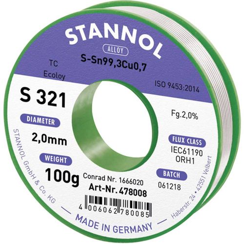Stannol S321 2,0% 2,0MM SN99,3CU0,7 CD 100G lemna žica, bezolovna bezolovni , svitak  Sn99,3Cu0,7 ORH1 100 g 2 mm slika 1