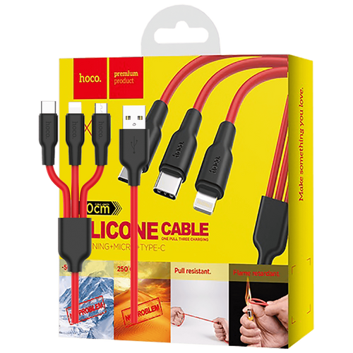 hoco. USB kabel, 3in1, microUSB, type C, Lightning, 1.2 met., 2 A - X21 Silicone 3in1, Black/Red slika 1