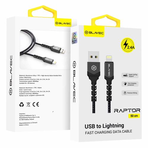 BLAVEC RAPTOR KABEL OPLETENI - USB NA LIGHTNING - 2.4A 0.5 METARA - crni slika 1