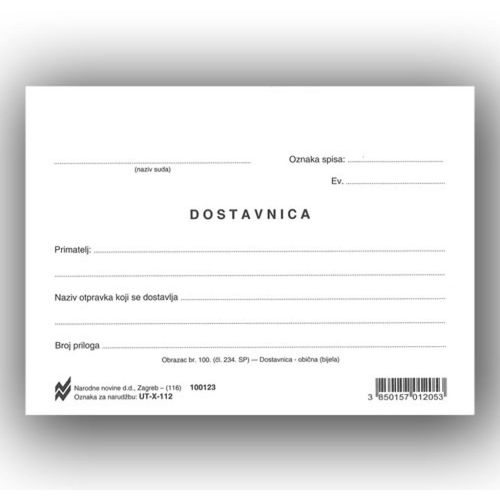 X-112 DOSTAVNICA - OBIČNA BIJELA (Obrazac 100); List, 14,8 x 10,5 cm slika 1