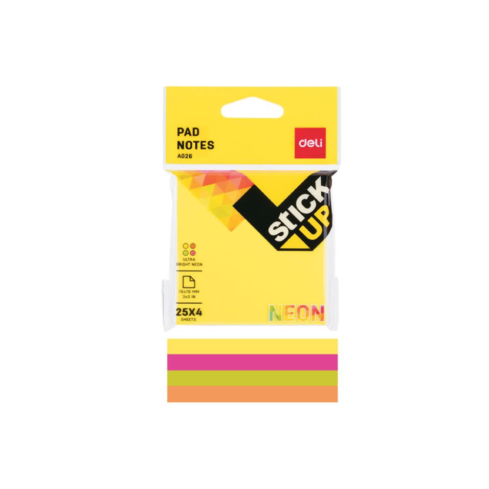STIKER BLOK NEON DELI 76x76mm, MIX BOJE EA02602 - 25*4 LISTA slika 1