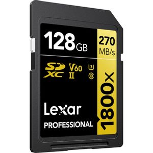 Lexar SD 128GB 1800x SDXC UHS-II card, 270MB/s read 180MB/s write C10 V60 U3