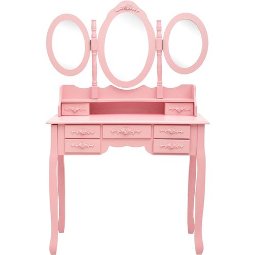 Toaletni stolić sa stolcem i trostrukim ogledalom ružičasti slika 38