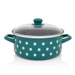 Metalac šerpa plitka sa staklenim poklopcem GREEN DOTS 24 cm / 4.75 l zelena sa bijelim tufnama