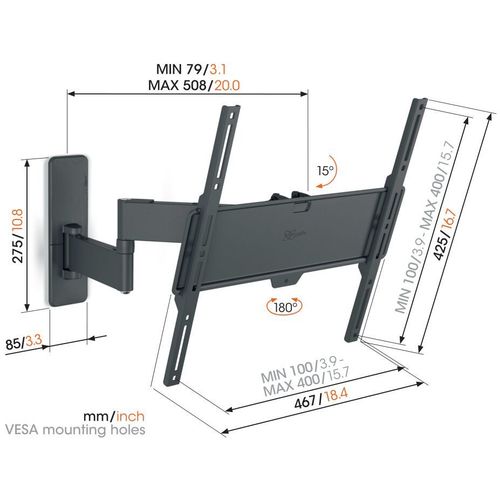 Vogels TVM1443, zidni nosač za ekrane od 32"-65", nagib do 15° pomak 180°, 25kg slika 2