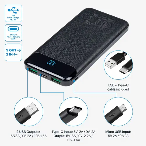 RivacaseVA 2540 10000mAh/crni, fast charger 20W Power Bank  slika 3