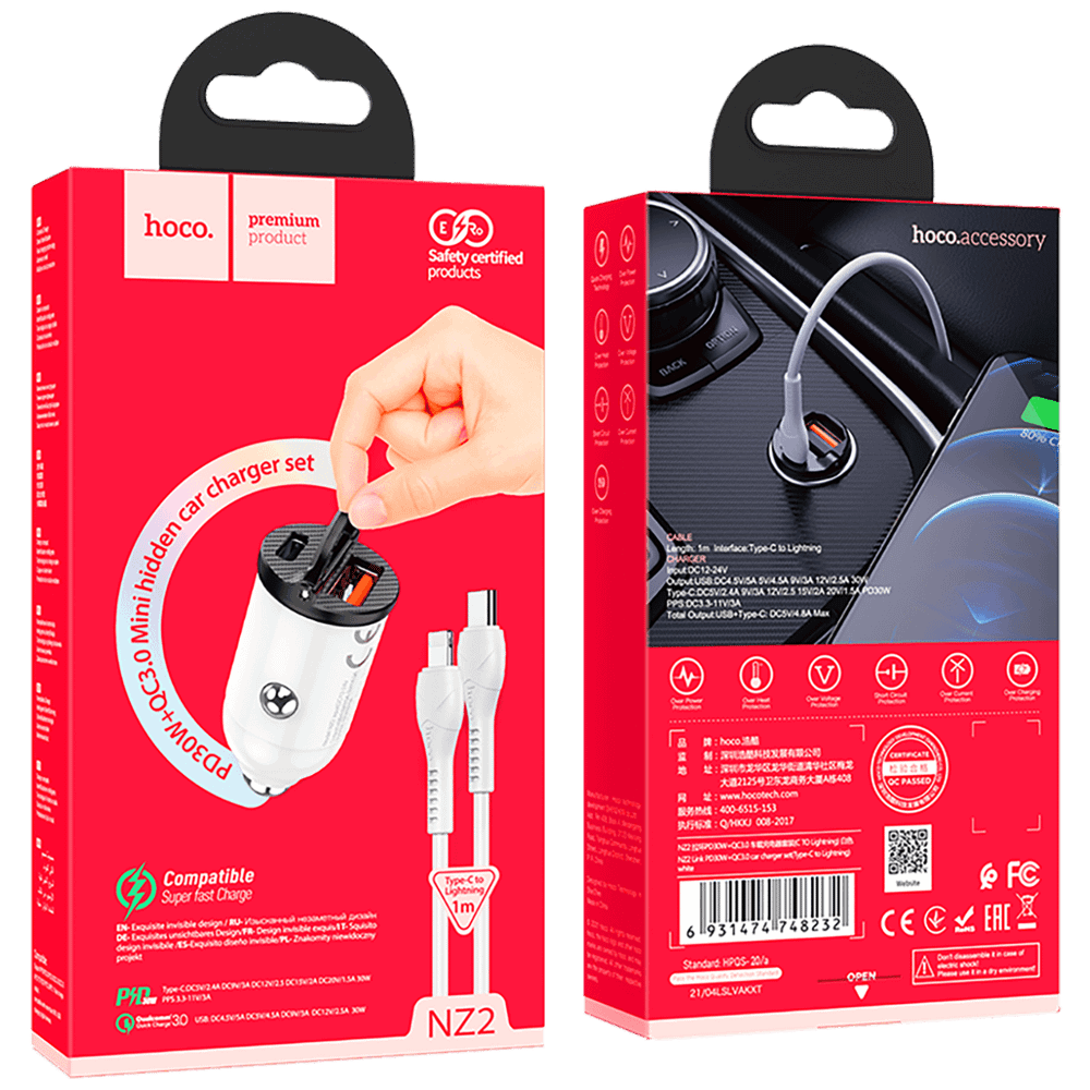 hoco. Auto punjač sa Lightning kabelom, PD + QC3.0, 2 x USB, 4.8 A - NZ2 Link, type C-Lightning, White slika 2