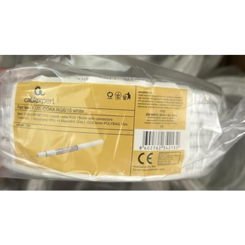 KABL-COAX-RG6/15 white (X553)** koaksialni kabl RG6 konektor F-male/IEC, conduct.18%, 6.5mm 15m slika 1