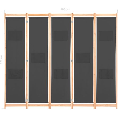 Sobna pregrada s 5 panela od tkanine 200 x 170 x 4 cm siva slika 33