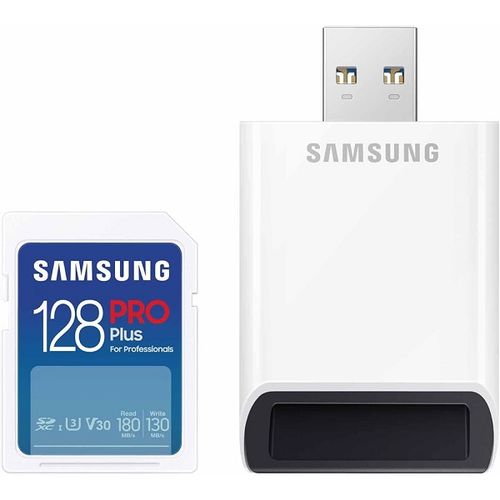 Samsung MB-SD128SB/WW SD Card 128GB, PRO Plus, SDXC, UHS-I U3 V30 Class 10, Read up to 180MB/s, Write up to 130 MB/s, for 4K and FullHD video recording, w/USB Card Reader slika 1