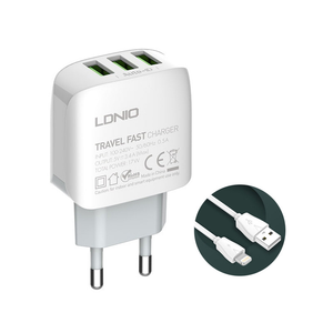 Kucni punjac LDNIO A3312 3xUSB 5V 3.4A 17W sa iPhone lightning kablom beli