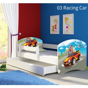 Dječji krevet ACMA s motivom, bočna bijela + ladica 140x70 cm 03-racing-car