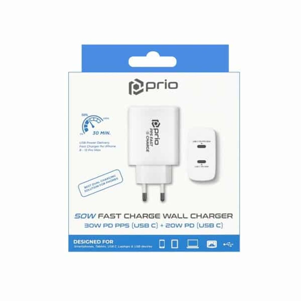 Prio 50W zidni punjač za brzo punjenje 30W PD PPS (USB C) + 20W PD (USB C) bijeli slika 7