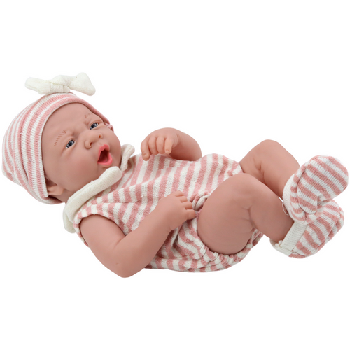 Lutka novorođenče - Prugasta odjeća, šešir, čarape, bočice slika 2