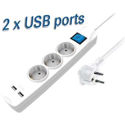 Transmedia 3-way power strip with two USB charging ports, 1,5m white slika 1