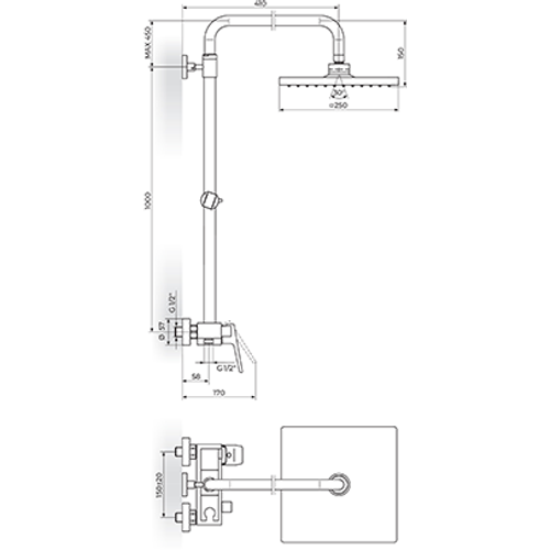 Rosan  STOLZ - BLACK Baterija za tuš kadu sa usponskim tušem 250x250mm slika 2