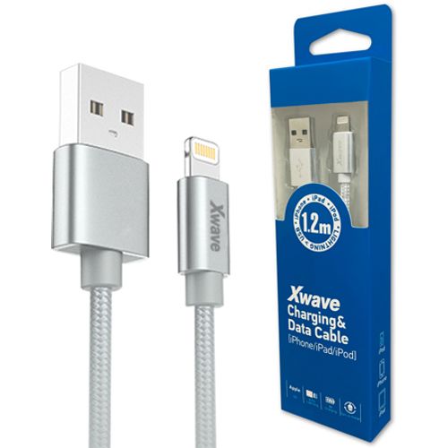 Xwave Kabl USB IPHONE 1.2m 3A,lightning aluminium,upleteni srebrni slika 1