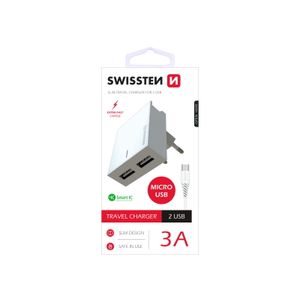 SWISSTEN punjač za AC220, 2xUSB, 3A, SMART IC, držač, bijeli + microUSB kabel