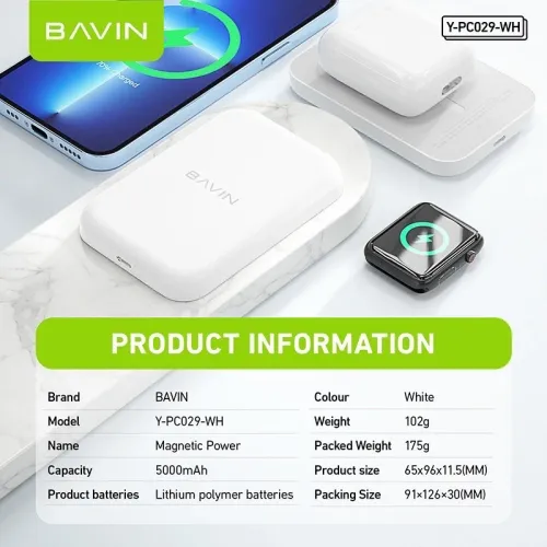 Bavin Magsafe Magnetic Power bank 5000mAh + kabl Lightning bela slika 7