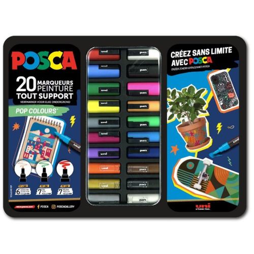 Uni gift set Posca u metalnoj kutiji 20kom (mix pc-1m/ pc-3m/pc-5m) pop colours slika 1