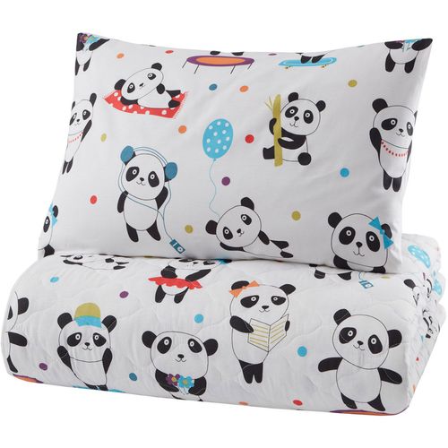 L'essential Maison Love Pandas - Belo Crno Tirkizno Narandžasto Crveno Ranforce Prekrivač za Bračni Krevet Set slika 2