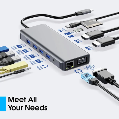 Adapter Type C na LAN Gb, SD card, TF, Type C, 3xUSB 3.0, USB 2.0, Audio, 2xHDMI i VGA 12 u 1 20cm kabl slika 2