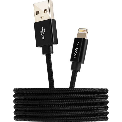 CANYON MFI-3 Charge &amp; Sync MFI braided cable with metalic shell, USB to lightning, certified by Apple, cable length 1m, OD2.8mm, Black slika 2