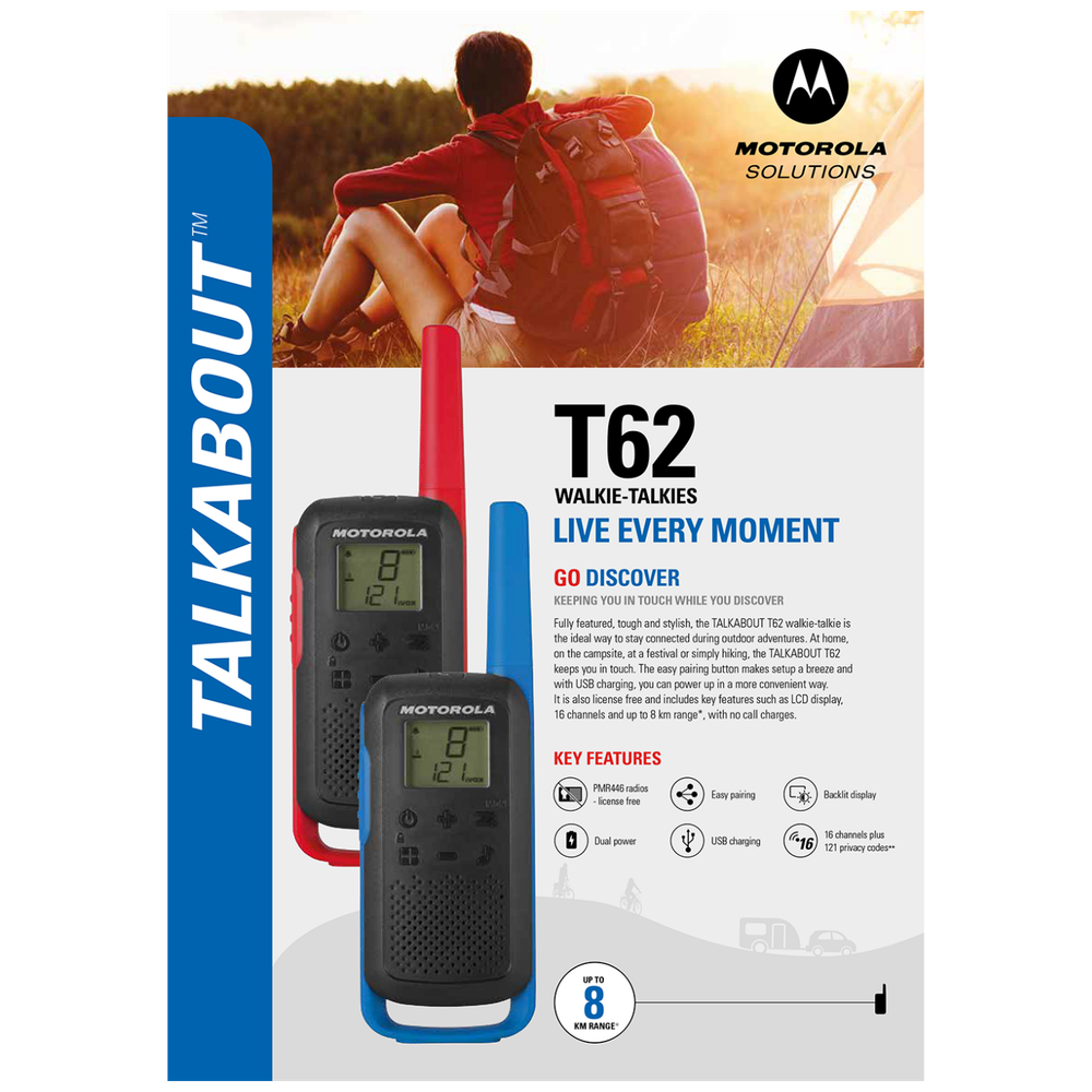 Motorola Walkie Talkie, domet 8 km, 16 kanala, plava - TLKR T62 BL slika 3