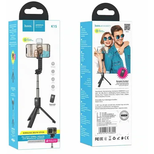 HOCO aluminijski selfie stick s LED svjetlom i bluetooth daljinskim K15 crni slika 6