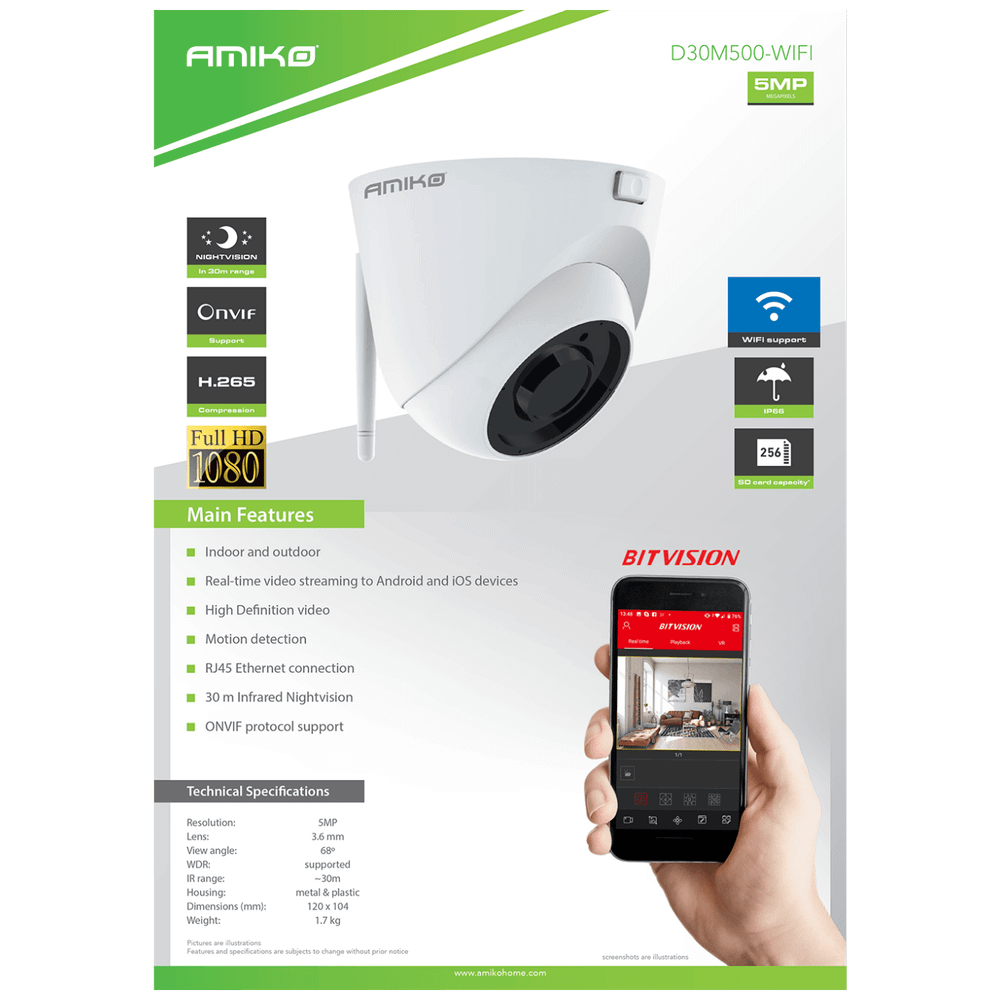 Amiko Home Kamera IP 5 MP, 1/2.5" Fulhan CMOS, 3.6mm, WiFi - D30M500 WIFI slika 2
