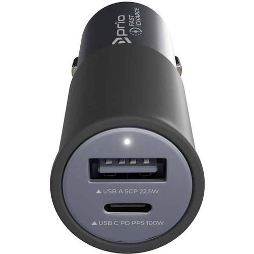 Prio auto punjač za brzo punjenje 100 W PD (USB C) + 22,5 W (USB A) crni slika 1