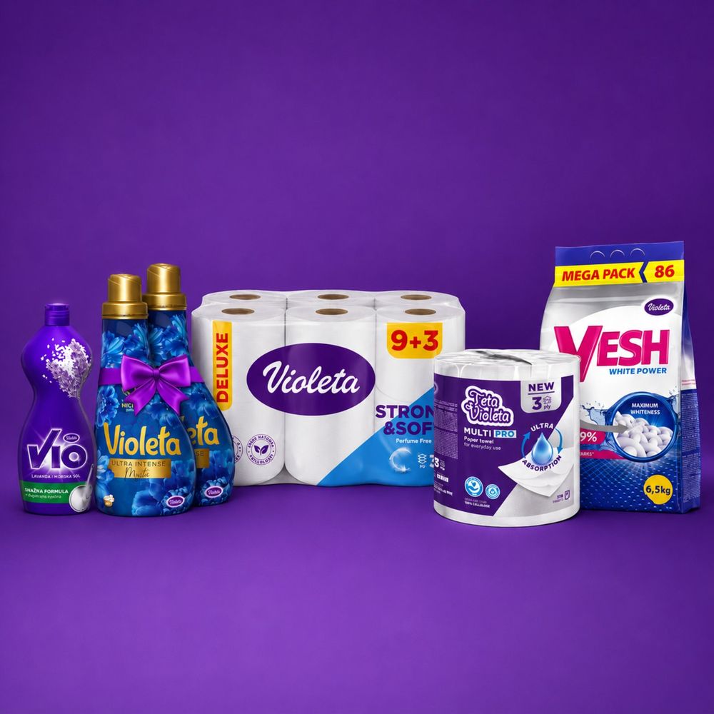 Violeta Mega Family Paket 5u1– Prašak 6,5 kg, Mystic omekšivač, deterdžent za suđe, toalet papir i ručnici slika 3