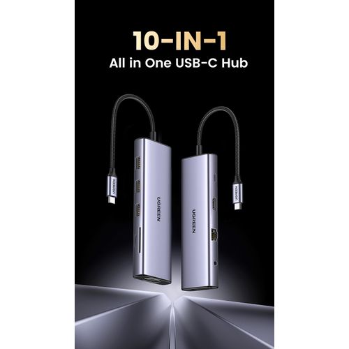 USB HUB UGREEN, USB-C na 3xUSB 3.0 A, VGA, HDMI, RJ45 Gigabit, SD/TF, PD,3.5mm sivi slika 1