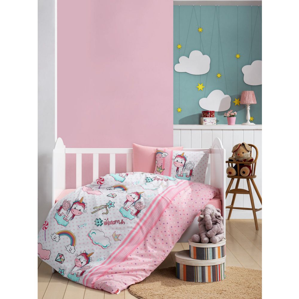 Set posteljine za bebe Unicorn v2 - Pink Pink White Mint Ranforce - izložbeni artikl (oštećenja ambalaža) slika 1