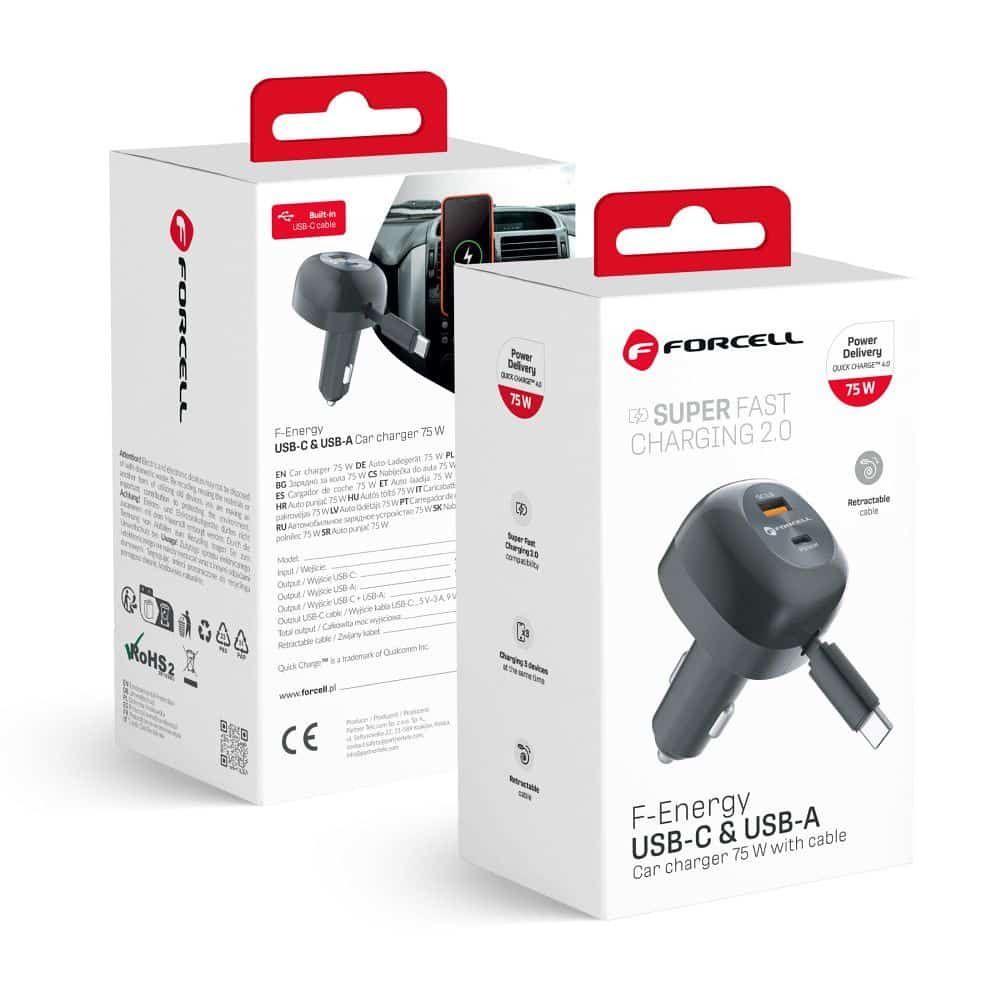 Auto punjač Forcell F-Energy Alu USB C + USB A + uvlačivi kabel USB C PD QC4.0 SFC2.0 3A 75W crni slika 1
